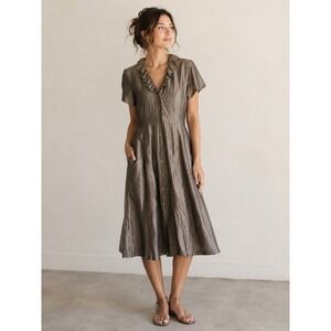 Dosa 100% Silk Ruffle Early Midi Dress Taupe Short Sleeve Size 1 Made in USA